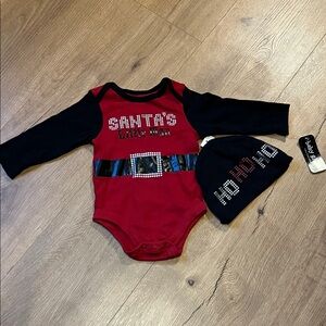 Santa's Little Man Red and Black Bodysuit Set w/ Beanie